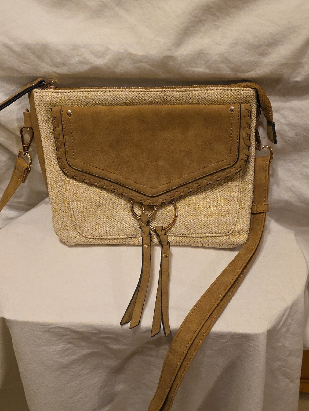 Source Unknown Tan and Cream Suede-Trim Crossbody Bag